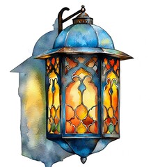 Canvas Print - Watercolor painting of an ornate, hanging, blue and stained-glass lantern.