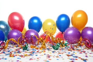 Poster - Brightly colored balloons, shiny ribbons, and vibrant confetti are scattered on a clean white surface, perfect for festive events. Generative AI