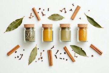 Aufkleber - Colorful spice jars, bay leaves, and cinnamon sticks artfully displayed on a white background, inviting aromatic flavors. Generative AI