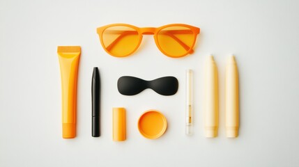 Poster - Colorful summer accessories including trendy sunglasses, sunscreen, and styling tools arranged neatly, ready for a sunny day out. Generative AI