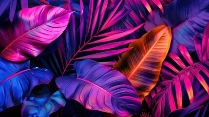 Poster - Colorful tropical leaves with a glowing effect