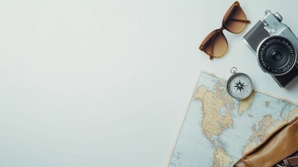 Aufkleber - Gather essential travel items like a map, compass, small camera, and sunglasses on a clean background with space for your notes. Generative AI
