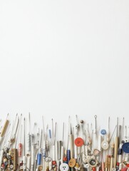 Poster - Colorful sewing essentials including needles, threads, and buttons display on a white background, allowing for versatile design options. Generative AI