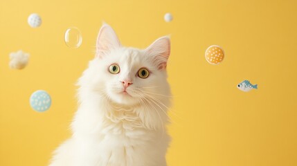 Poster - A fluffy white cat looks intrigued by floating fish bubbles in a playful display. The bright yellow background enhances the cheerful atmosphere. Generative AI