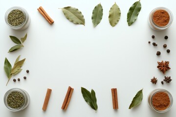 Aufkleber - Vibrant jars of spices surround bay leaves and cinnamon sticks, creating a decorative and aromatic layout with room for text. Generative AI