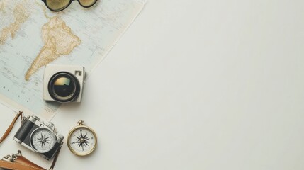 Leinwandbilder - Travel essentials including a map, compass, small camera, and sunglasses are displayed together, offering inspiration for any adventure. Generative AI