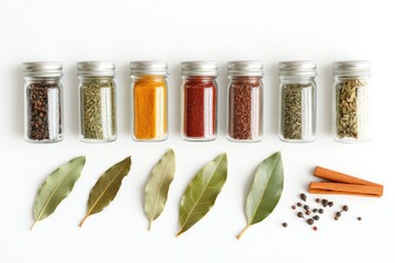 Aufkleber - A vibrant display of assorted spices in jars placed next to bay leaves and cinnamon sticks on a clean white background, offering ample space for text. Generative AI