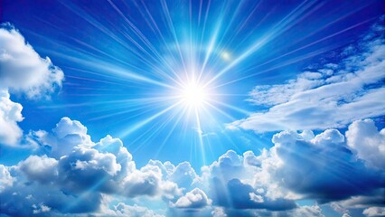 Bright sun shining in a blue sky with fluffy white clouds , panoramic, sky, sun, clouds, blue, bright, summer, weather, nature