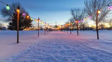 Sticker - A winter wonderland of white snow and colorful holiday lights set against a crisp, sunny blue sky