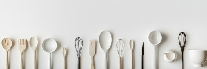 Aufkleber - Colorful kitchen tools such as spatulas, whisks, and spoons are organized on a clean white surface, allowing for creative text placement. Generative AI