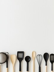 Aufkleber - Various kitchen utensils such as spatulas, whisks, and spoons are neatly arranged on a white background, providing ample space for additional text. Generative AI