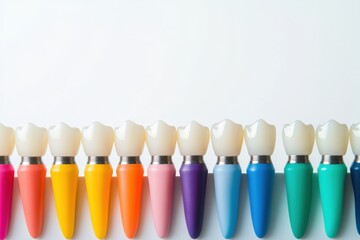 Aufkleber - Diagram illustrates a dental row featuring colorful implants positioned among healthy teeth, providing a clear layout for educational use. Generative AI