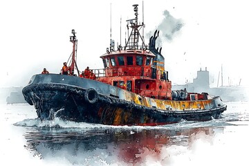 Wall Mural - A Powerful Tugboat Navigating a Harbor, Illustrated in a Watercolor Style.