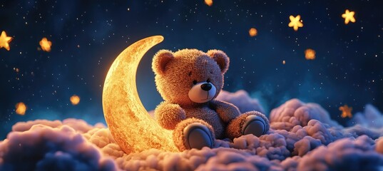 Wall Mural - A cute teddy bear sitting on the crescent moon, surrounded by stars, in a pink color scheme.