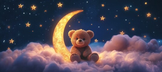 Wall Mural - A cute teddy bear sitting on the crescent moon, surrounded by stars, in a pink color scheme.