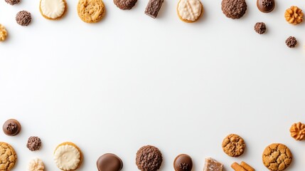 Aufkleber - A variety of colorful and tempting sweets and cookies is arranged on a clean white background, providing a perfect space for additional text. Generative AI