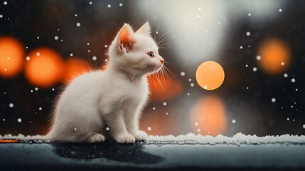  A Cute White Kitten Sitting on a Snowy Window Sill with a Brightly Lit Winter Sky in the Background and Soft Snowflakes Falling All Around
