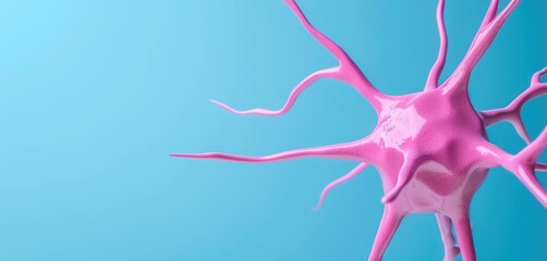 Poster - A vibrant pink neuron against a blue background, illustrating the intricate structure of nerve cells in a visually appealing and scientific manner.