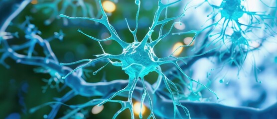 Poster - A vibrant close-up of neurons showcasing intricate structures and glowing blue colors, representing the complexity of the nervous system.