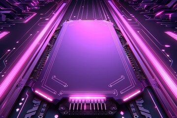 Poster - A futuristic circuit board with glowing purple accents, showcasing a central processing unit in a high-tech digital environment.