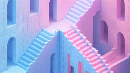 Poster - A vibrant, surreal scene featuring interlocking staircases in pastel colors, creating an optical illusion of depth and structure.