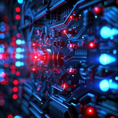 Poster - A close-up view of a circuit board illuminated with vibrant red and blue lights, showcasing intricate electronic components.