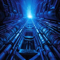 Poster - A captivating view of a futuristic tunnel illuminated by a bright blue light, showcasing intricate pipework along the vertical walls.