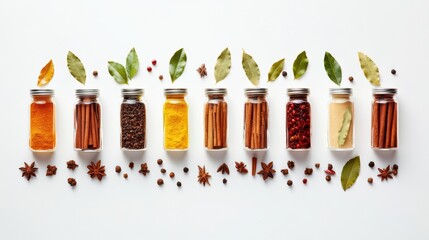 Aufkleber - Small jars filled with vibrant spices are lined up alongside bay leaves and cinnamon sticks, creating an aromatic display on a white surface. Generative AI