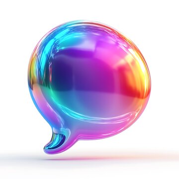 A colorful speech bubble icon with a holographic effect, 3D rendering, white background,