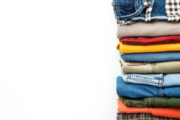 Poster - Varied clothing items like shirts, pants, and accessories arranged neatly on a white backdrop, leaving space for text. Generative AI