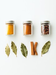 Aufkleber - Small jars filled with vibrant spices sit alongside bay leaves and cinnamon sticks against a bright white background, inviting culinary creativity. Generative AI