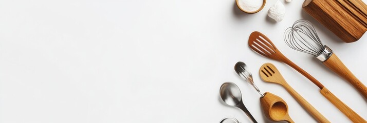 Aufkleber - Explore an organized flat lay of essential kitchen utensils including spatulas, whisks, and small pots, perfect for culinary creativity. Generative AI