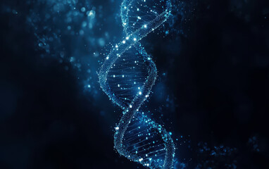 a close-up of a blue dna strand against a dark blue background with bokeh effect.