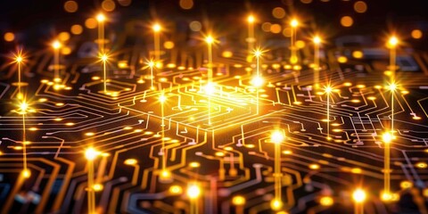 Poster - A close-up view of a glowing microchip surrounded by intricate circuits, highlighting the beauty of technology and innovation.
