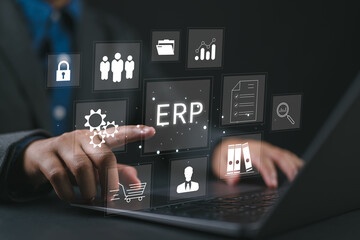 Fototapete - Businessman using laptop to document management for ERP. Enterprise resource planning concept.