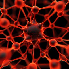 Poster - A close-up view of a complex network of red neurons, showcasing their intricate connections and structures against a dark background.