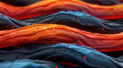 Poster - A vibrant, abstract image showcasing layered textures in shades of red and blue, resembling waves or fluid forms.