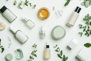Poster - Various skin care containers, including jars, tubes, oils, and serums, are artistically displayed on a white surface, providing ample copy space. Generative AI