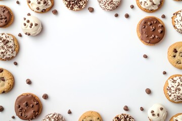 Poster - Assorted cookies and sweets are artfully placed on a white surface, creating an inviting display with room for additional text. Generative AI