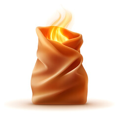 Poster - Warm and glowing fabric pouch with bright flames rising, creating a cozy atmosphere in a calm setting
