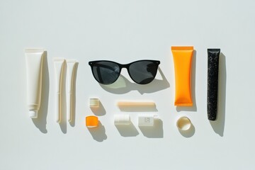 Poster - Sunglasses and sunscreen are artfully arranged on a white background, providing ample space for text while showcasing summer essentials. Generative AI
