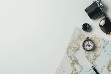Poster - Travel tools are neatly arranged, featuring a map, compass, small camera, and sunglasses, offering an inviting workspace for adventure planning. Generative AI