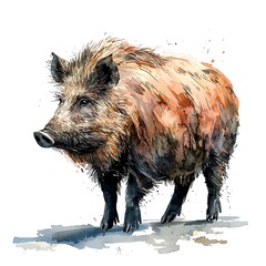 Sticker - Watercolor painting of a wild boar, standing on a white background.