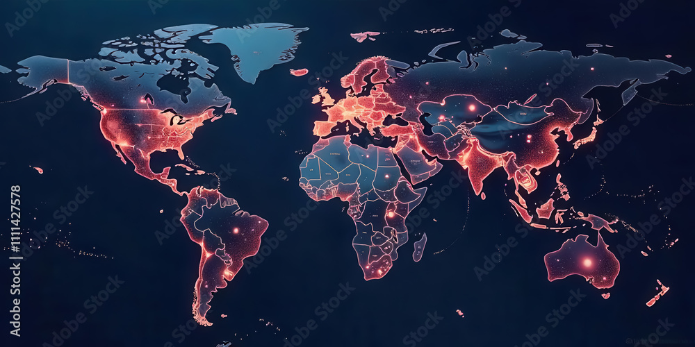 Global network visualization of connectivity patterns digital world map ...