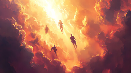 Wall Mural - Abstract depiction of ethereal souls actively ascending towards a radiant and luminous light, enveloped by dramatic clouds and vibrant colors. Etherealism. Illustration