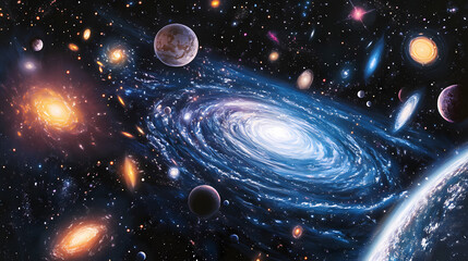 an expansive cosmic landscape depicting a deep blue galaxy. etherealism. illustration