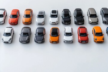 Poster - Various miniature car models are arranged neatly on a white background, leaving space for additional text or graphics. Generative AI