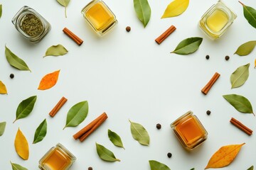 Aufkleber - Colorful jars filled with spices are surrounded by bay leaves and cinnamon sticks, creating an inviting arrangement with space for text. Generative AI
