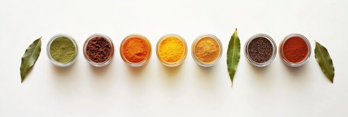 Aufkleber - Small jars filled with vibrant spices are arranged with bay leaves and cinnamon sticks on a clean, white surface, creating a fragrant display. Generative AI