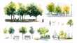 © Unic - A set of vector architectural drawings depicting people in an outdoor park, rendered in a minimal hand-drawn style